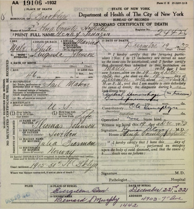 Henry Johnson Death Certificate