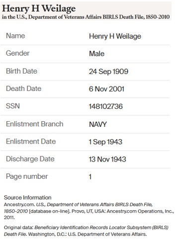 Henry H. Weilage Military Record