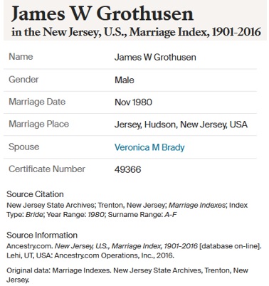 James Grothusen and Veronica Brady Marriage 1980