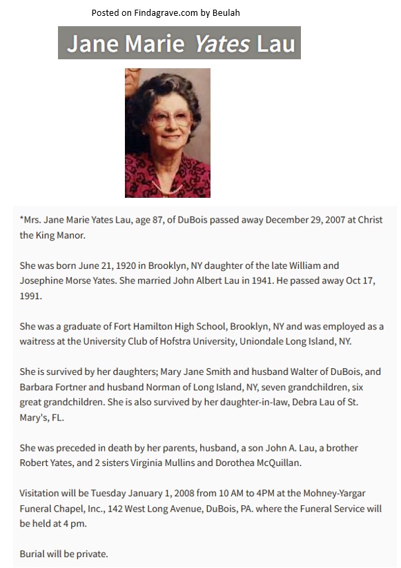 Jane Marie Yates Lau Obituary
