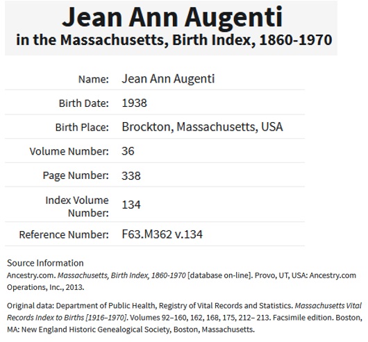 Jean Ann Augenti Pechillis Birth Index