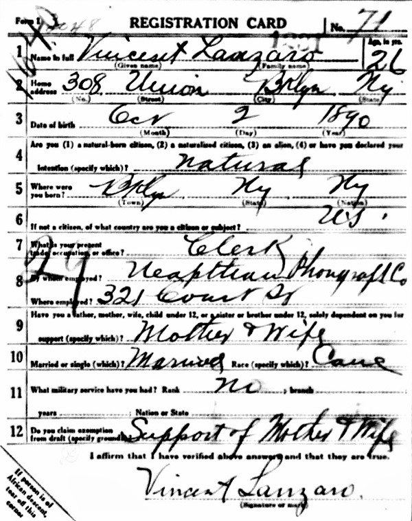Vincent (Jim) Lanzaro Military Record