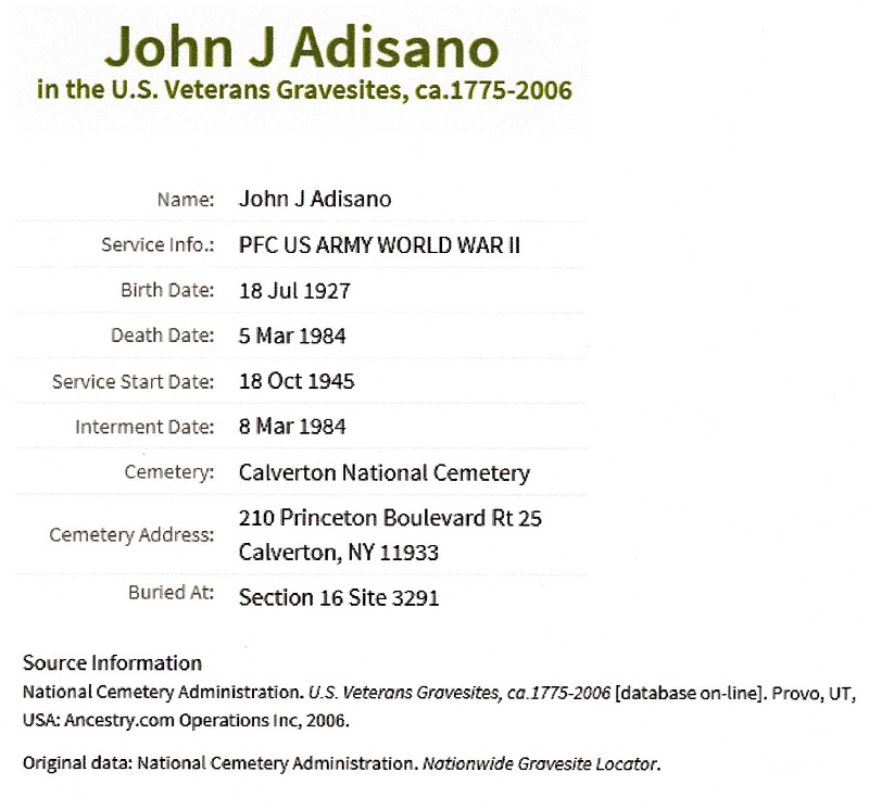 John J. Adisano Military Records