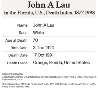 John Albert Lau Death Index