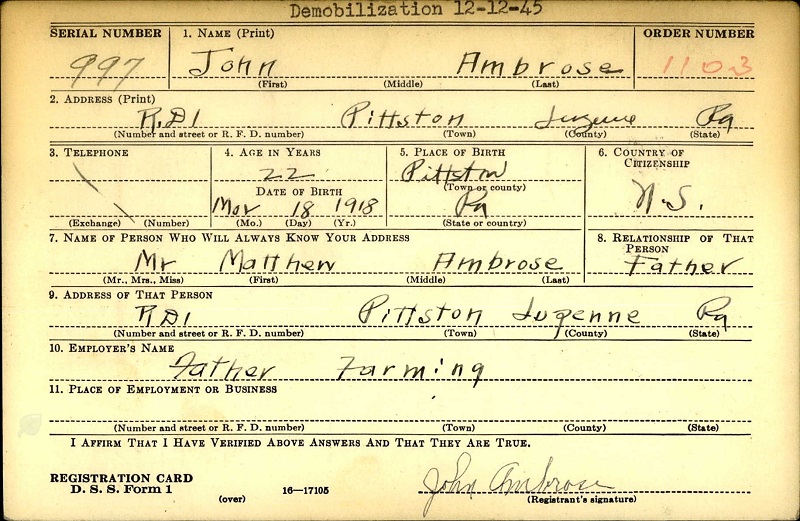 John Ambrose WW2 Draft Registration