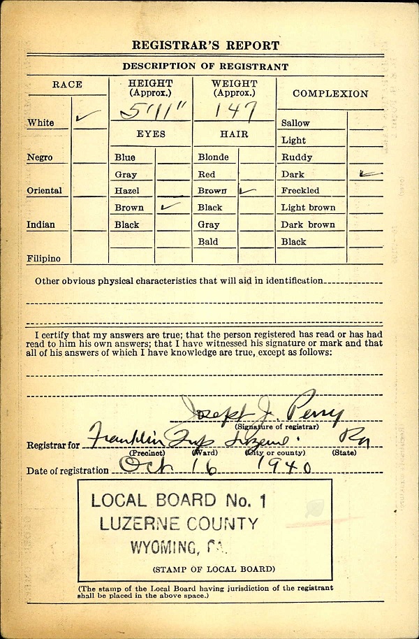 John Ambrose WW2 Draft Registration