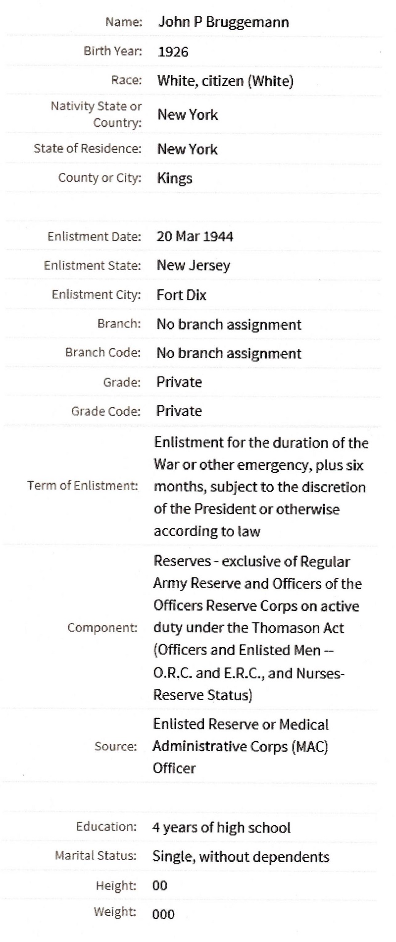 John P. Bruggemann Military Records