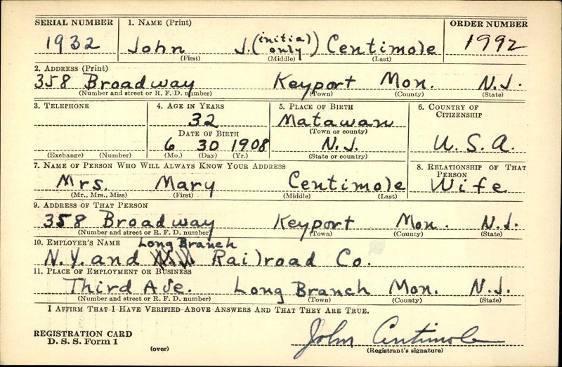 John J. Centimole WW2 Draft Registration