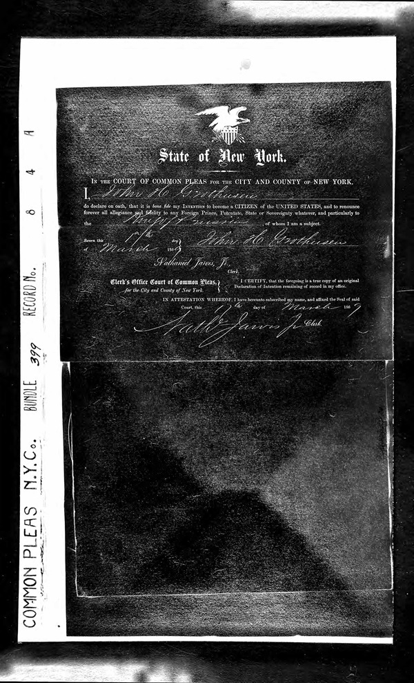 Johann Grothusen Declaration Record
