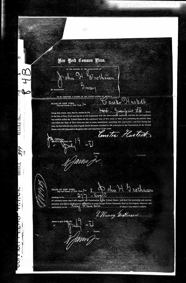 Johann Grothusen Naturalization Record