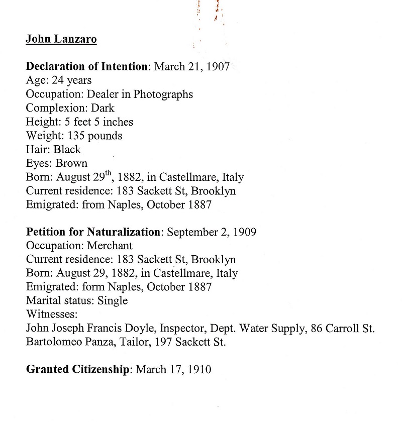 John Lanzaro Naturalization Record
