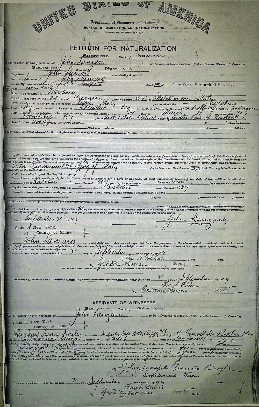 John Lanzaro Naturalization Record