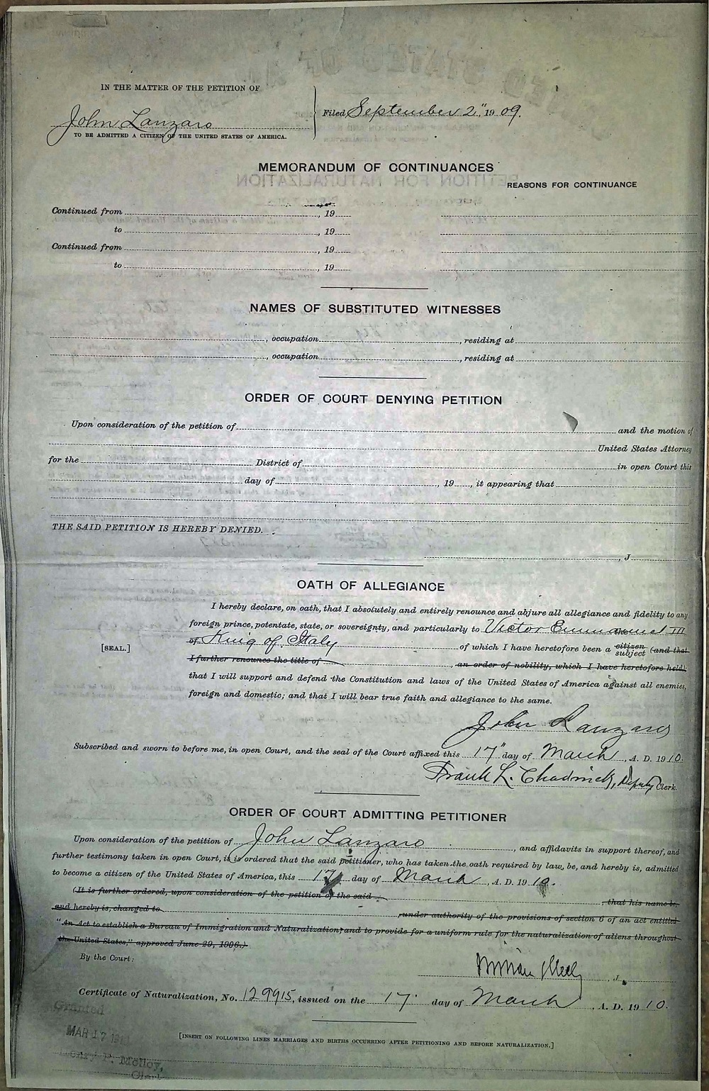 John Lanzaro Naturalization Record