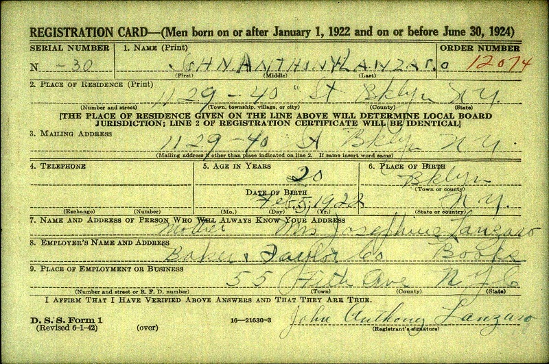 John A. Lanzaro World War II Draft Registration<