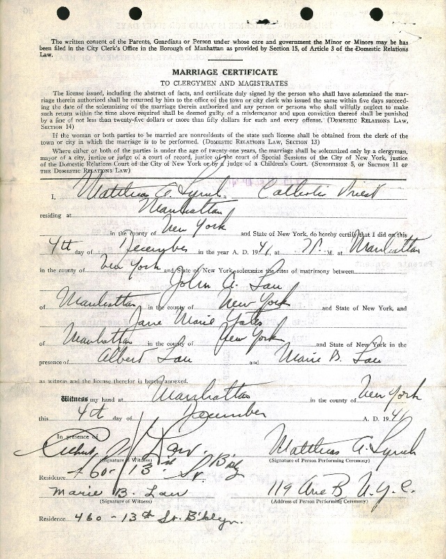John A. Lau and Jane Yates Marriage Certificate