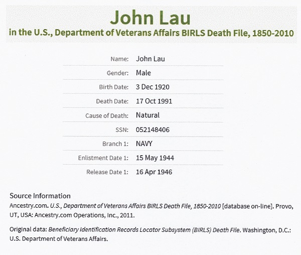 John A. Lau, Sr. Military Record
