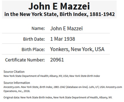 John R. Mazzei Birth Index