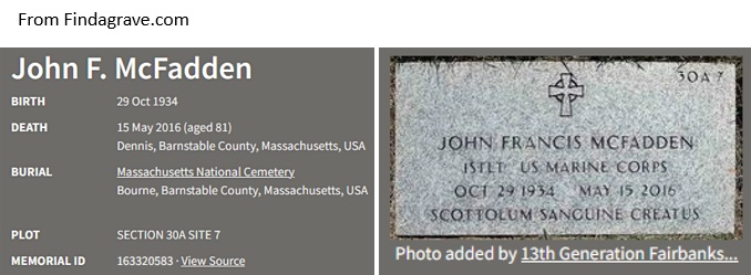 John Francis McFadden Cemetery Record