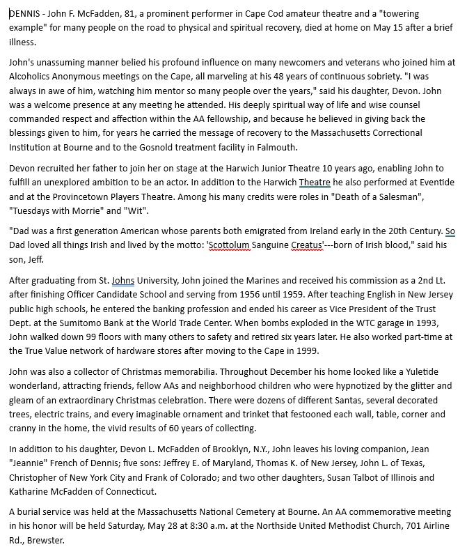 John Francis McFadden Obituary