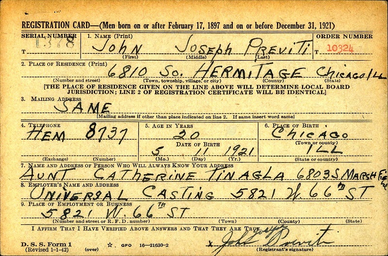 Louis Severini WW2 Draft Registration