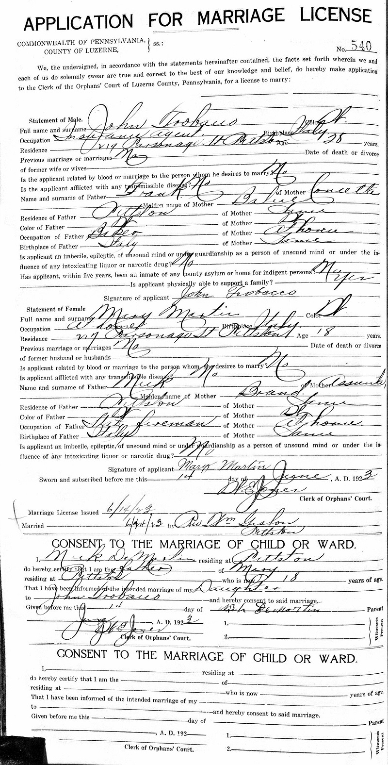 John Trobacco and Mary DeMartino Marriage Record