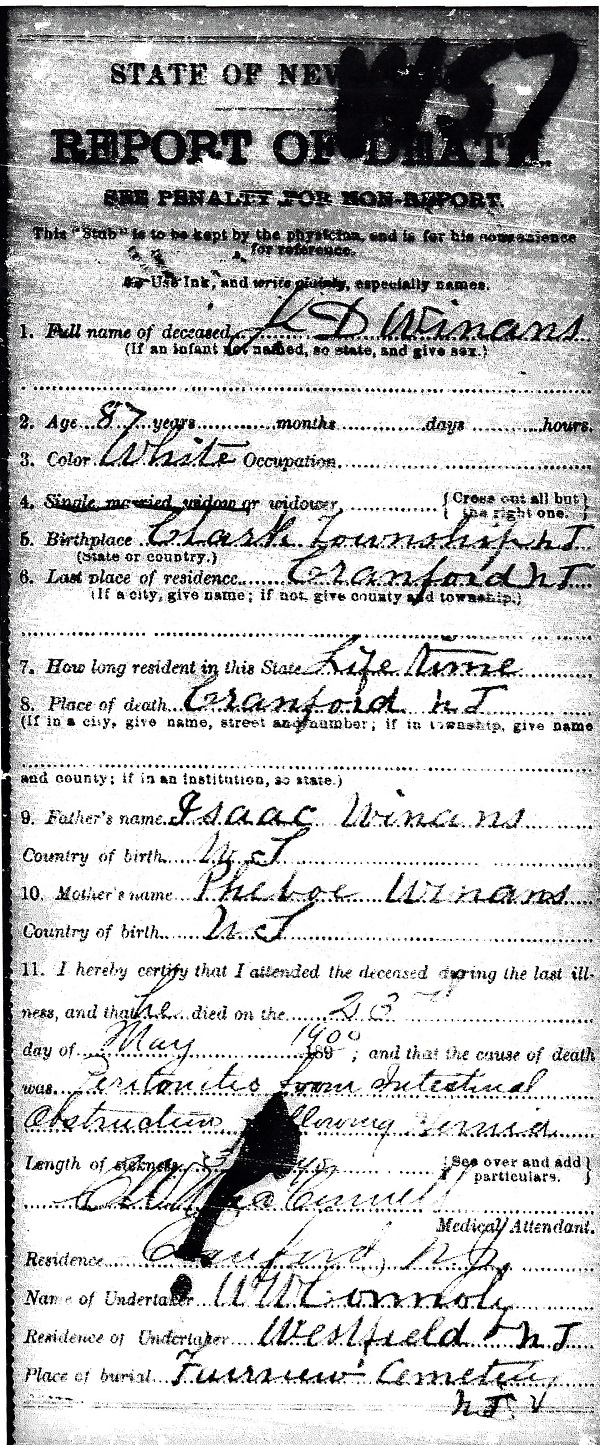 Jonathan Dayton Winans Death Certificate