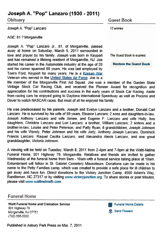 Joseph A. Lanzaro Jr. Obituary
