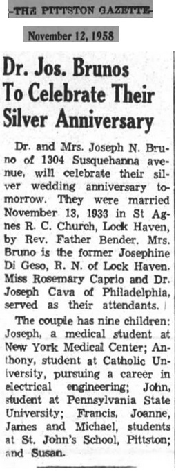 Joseph Bruno and Josephine Di Geso Marriage Record