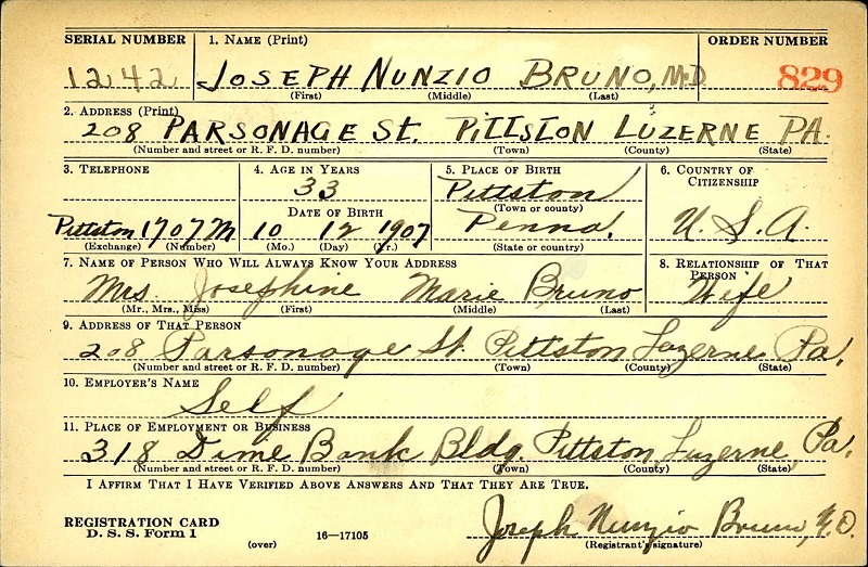 Joseph Bruno World War II Draft Registration