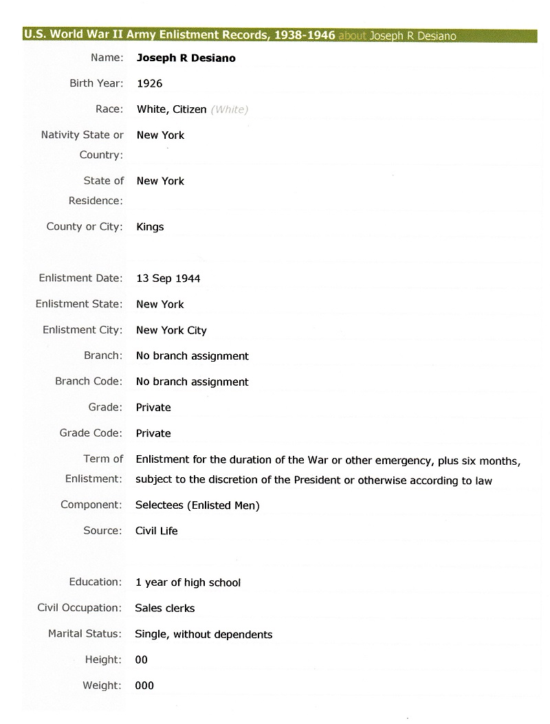 Joseph Desiano Military Record