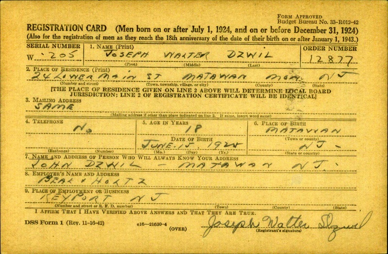 Joseph W. Dzwil WW2 Draft Registration