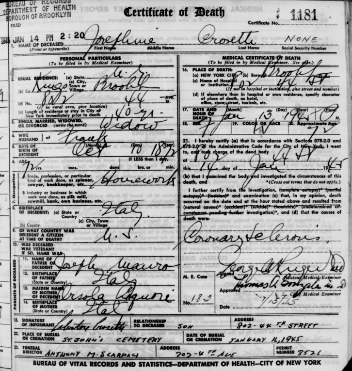 Josephine Mauro Grosetto Death Certificate