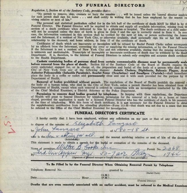 Josephine Cuccurullo Lanzaro Death Certificate