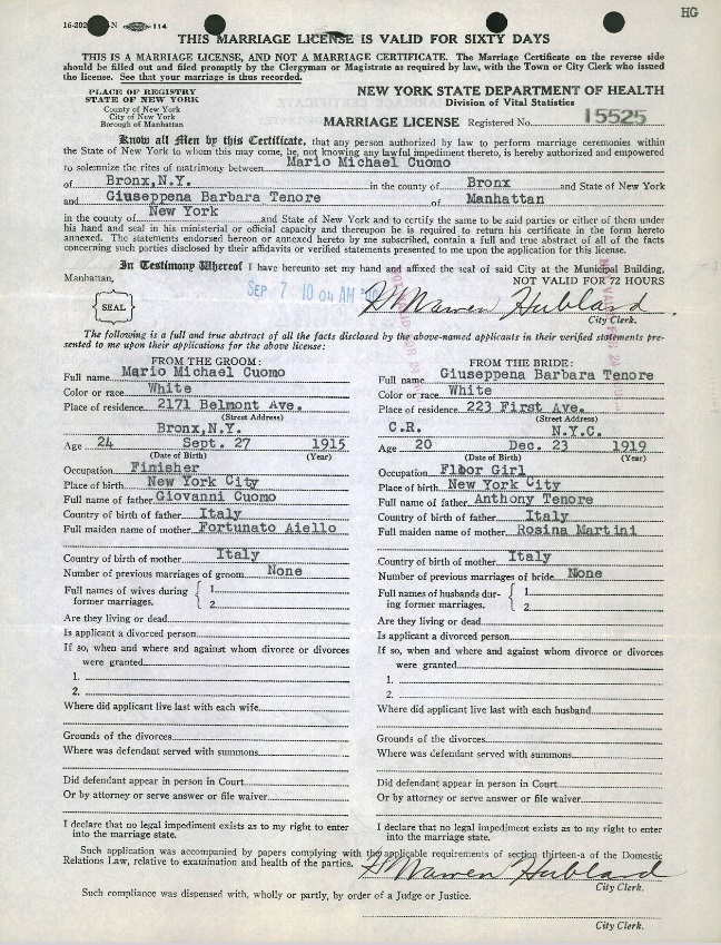 Josephine Tenore and Mario Cuomo Marriage Record