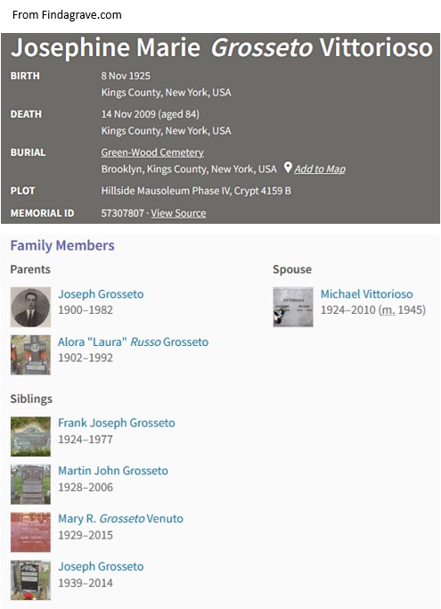 Josephine Marie Grossetto Vittorioso Cemetery Record