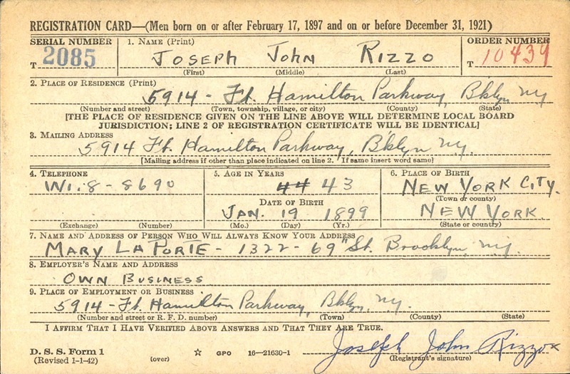 Joseph John Rizzo WW2 Draft Registration