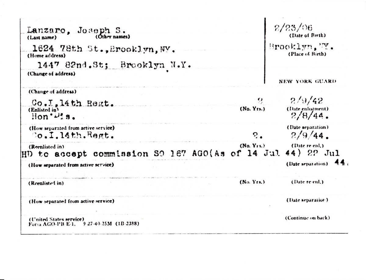 Joseph S. Lanzaro Military Service Record