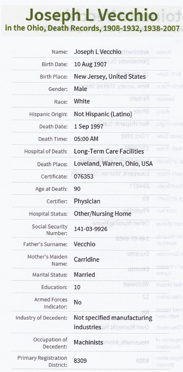 Joseph Vecchio Death Record