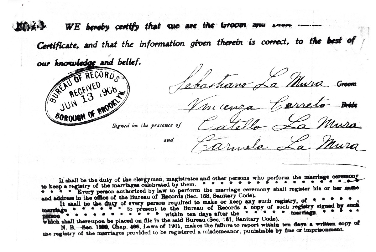 Sebastiano LaMura and Vincenza Cerreto Marriage Certificate