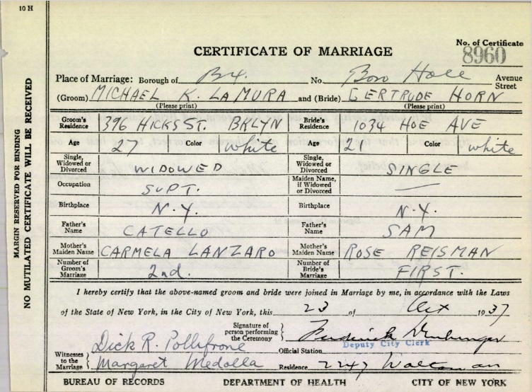 Michael K. LaMura and Gertrude Horn Marriage Certificate
