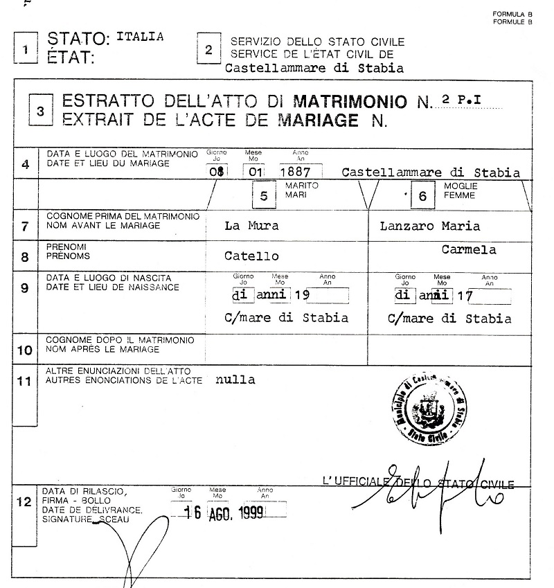 Catello LaMura and Maria Carmela Lanzaro Marriage Extract