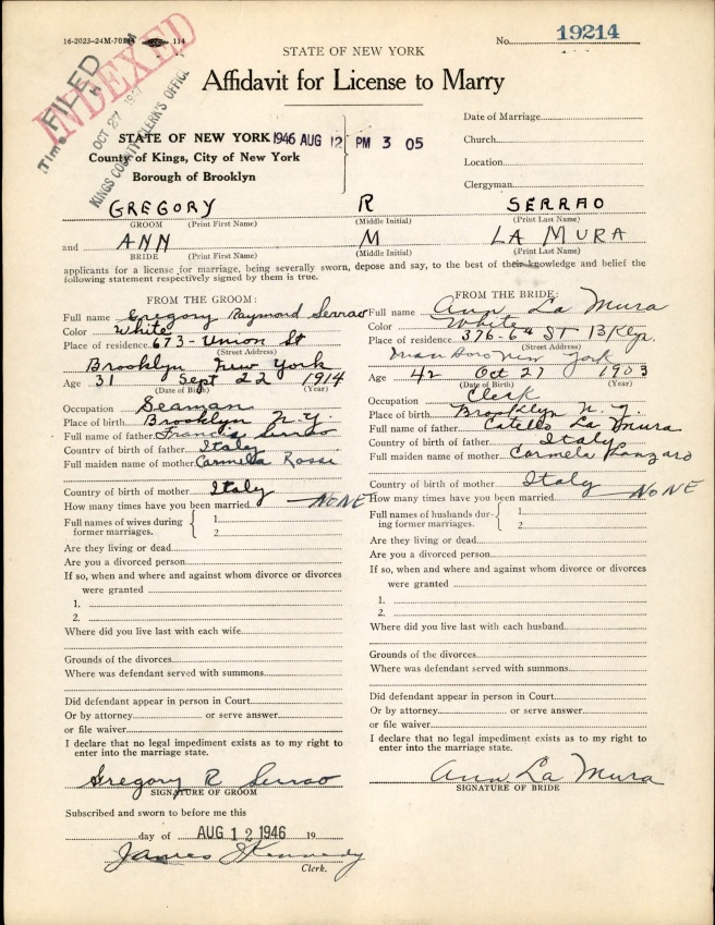 Anna LaMura and George Serrao Marriage Records