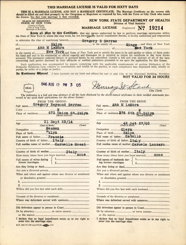 Anna LaMura and George Serrao Marriage Records