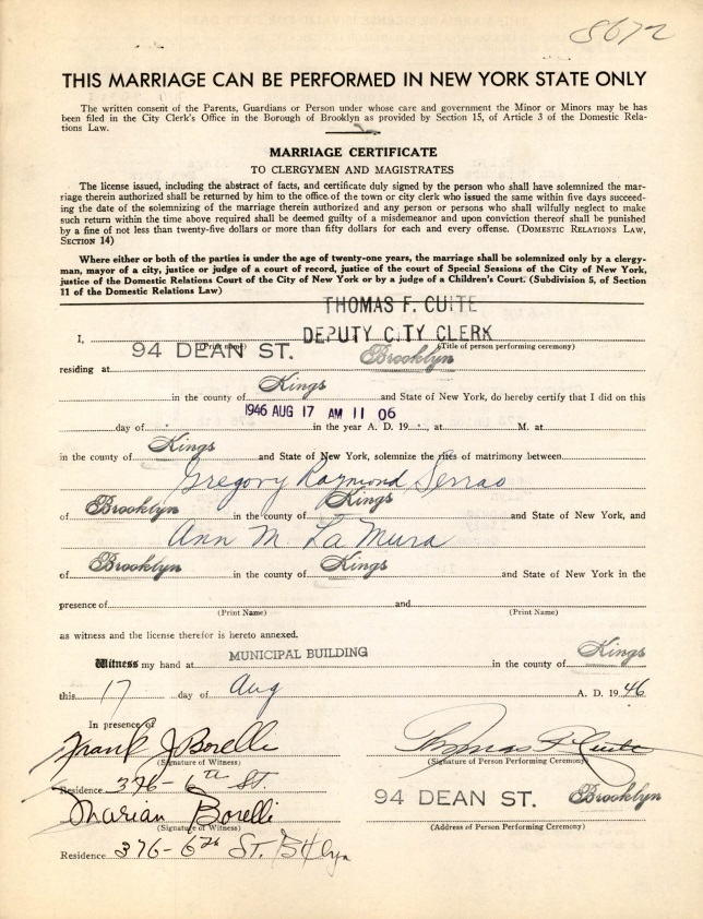 Anna LaMura and George Serrao Marriage Records