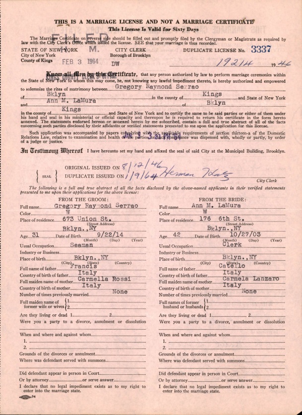 Anna LaMura and George Serrao Marriage Records