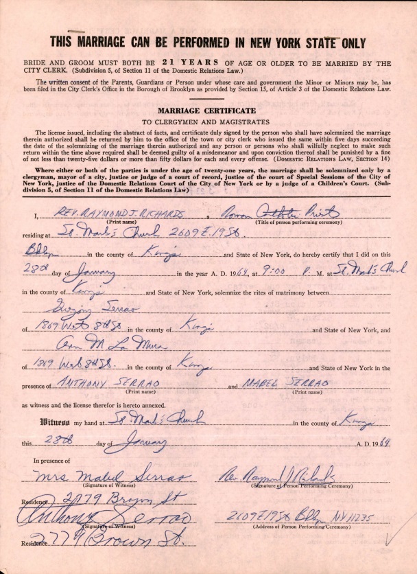 Anna LaMura and George Serrao Marriage Records