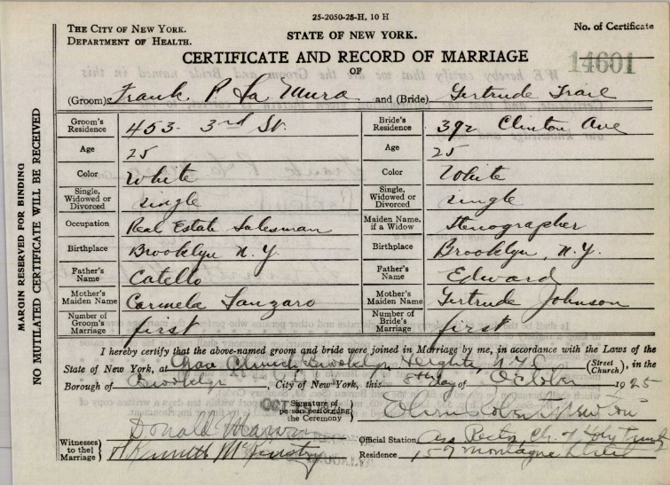 Frank LaMura and gertrude Trail Marriage Certificates