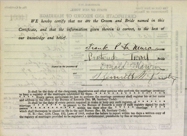 Frank LaMura and gertrude Trail Marriage Certificates