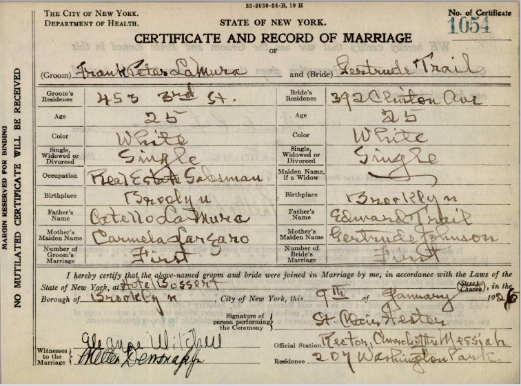Frank LaMura and gertrude Trail Marriage Certificates