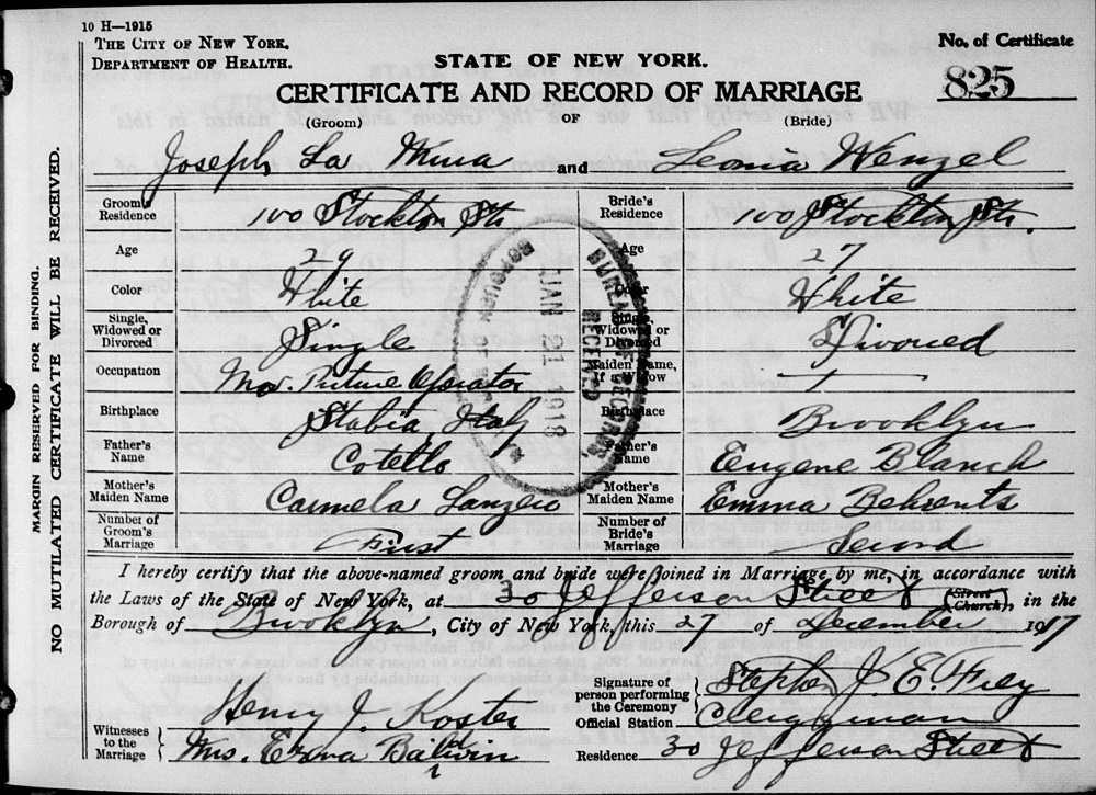 Joseph LaMura and Leona Wenzel Marriage Certificate